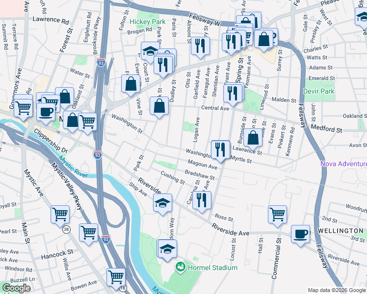 map of restaurants, bars, coffee shops, grocery stores, and more near 12 Otis Street in Medford