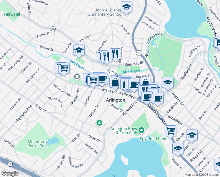 map of restaurants, bars, coffee shops, grocery stores, and more near 7 Bacon Street in Arlington