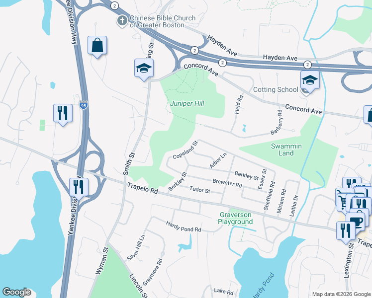map of restaurants, bars, coffee shops, grocery stores, and more near 101 Copeland Street in Waltham