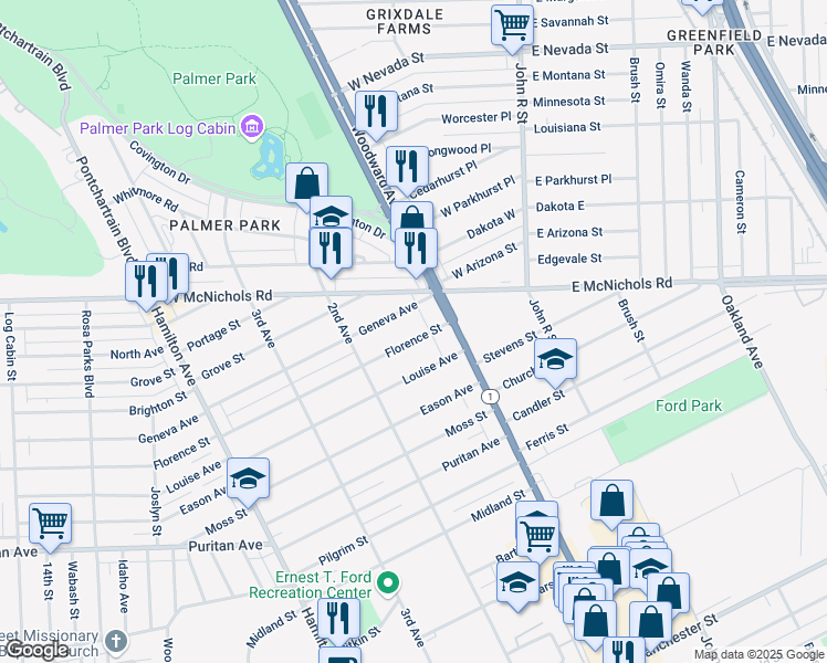 map of restaurants, bars, coffee shops, grocery stores, and more near 25 Geneva Avenue in Highland Park