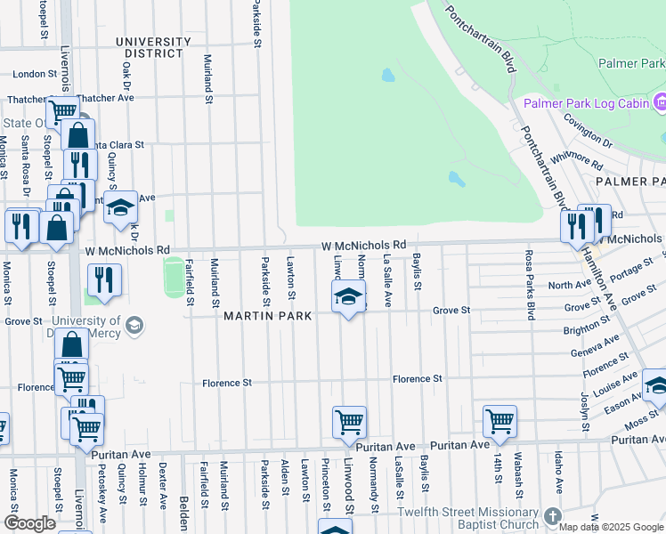 map of restaurants, bars, coffee shops, grocery stores, and more near 2623 West McNichols Road in Detroit