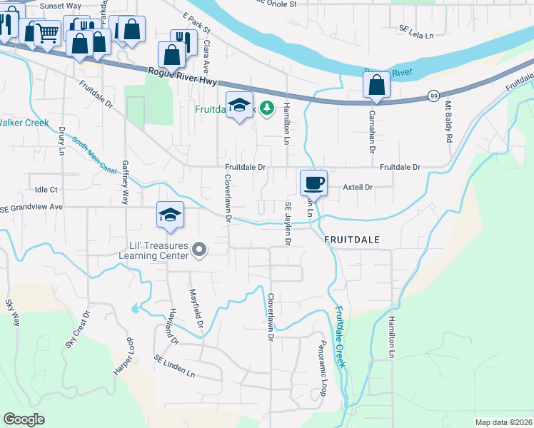 map of restaurants, bars, coffee shops, grocery stores, and more near 1780 Southeast Brookhurst Way in Grants Pass