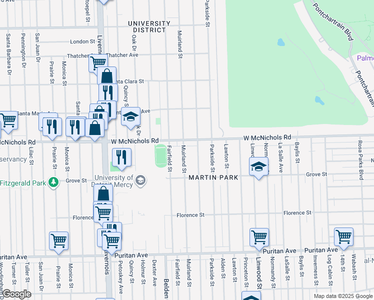 map of restaurants, bars, coffee shops, grocery stores, and more near 16924 Muirland Street in Detroit