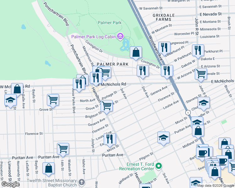 map of restaurants, bars, coffee shops, grocery stores, and more near 72 Portage Street in Highland Park