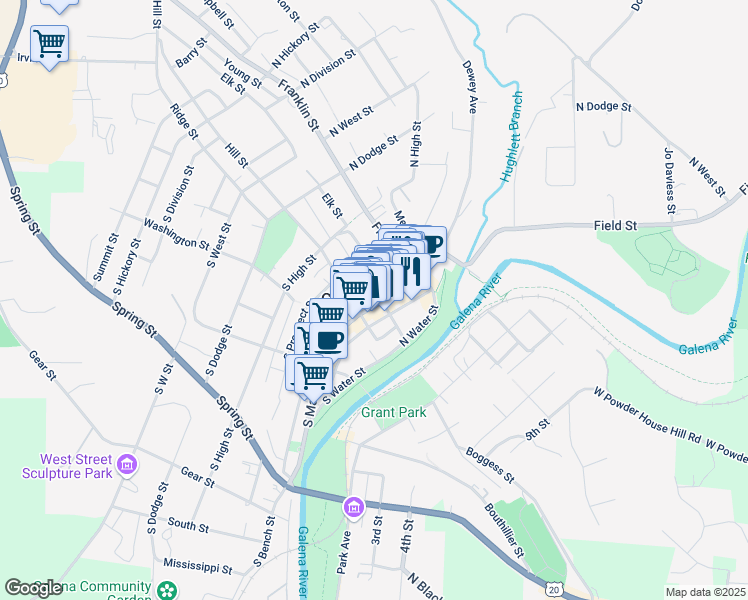 map of restaurants, bars, coffee shops, grocery stores, and more near 201 North Bench Street in Galena