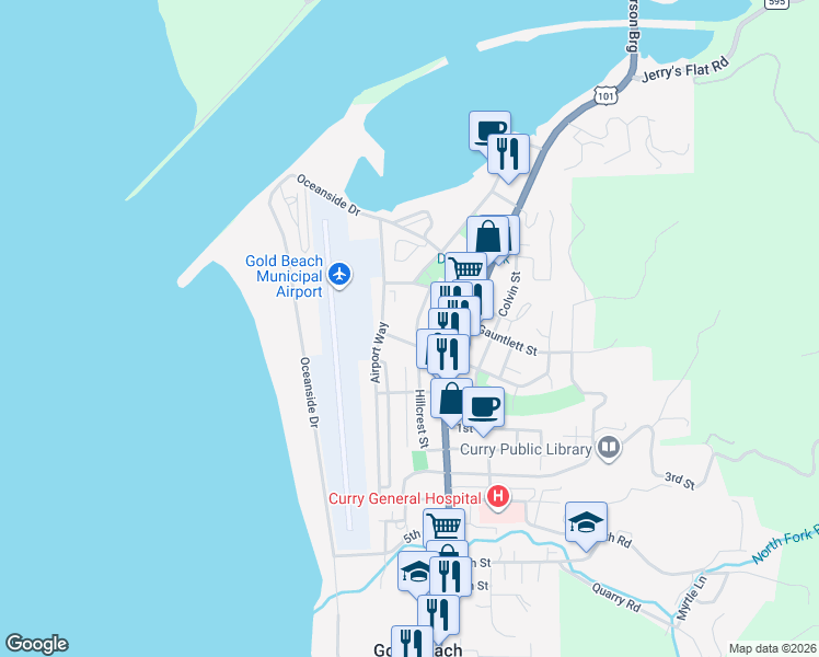map of restaurants, bars, coffee shops, grocery stores, and more near 94141 Caughell Street in Gold Beach