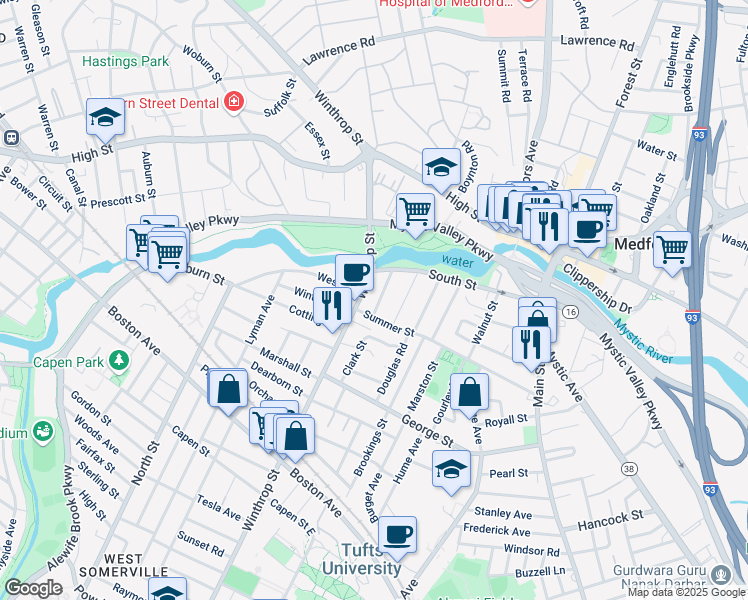 map of restaurants, bars, coffee shops, grocery stores, and more near 193 Winthrop Street in Medford