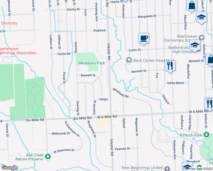map of restaurants, bars, coffee shops, grocery stores, and more near 17451 Hizmet Drive in Livonia