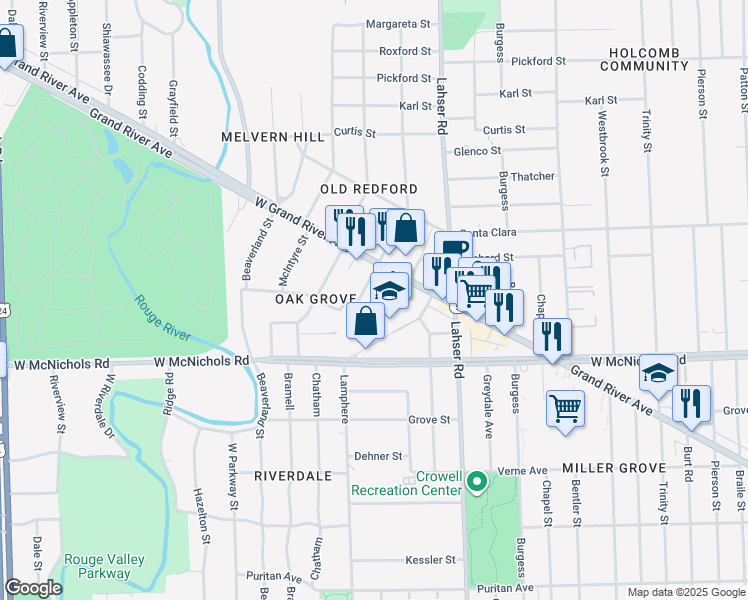 map of restaurants, bars, coffee shops, grocery stores, and more near 22231 Grand River Avenue in Detroit