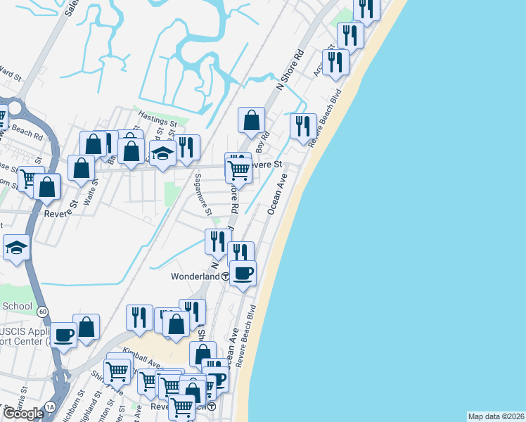 map of restaurants, bars, coffee shops, grocery stores, and more near 656 Ocean Avenue in Revere