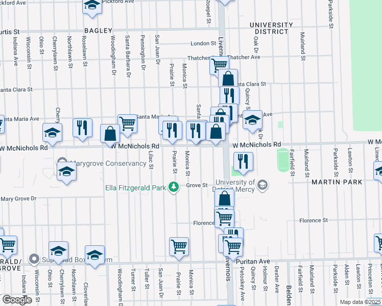 map of restaurants, bars, coffee shops, grocery stores, and more near 7121 West McNichols Road in Detroit