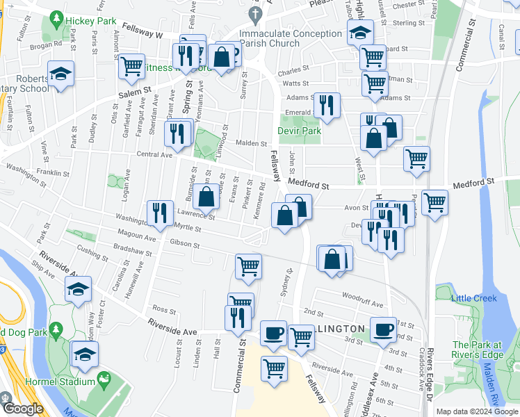 map of restaurants, bars, coffee shops, grocery stores, and more near 49 Kenmere Road in Medford