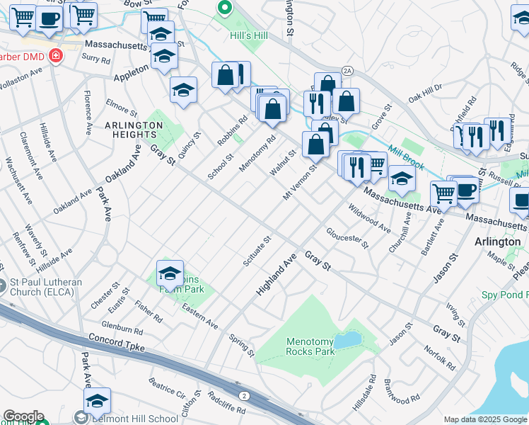 map of restaurants, bars, coffee shops, grocery stores, and more near 63 Mount Vernon Street in Arlington