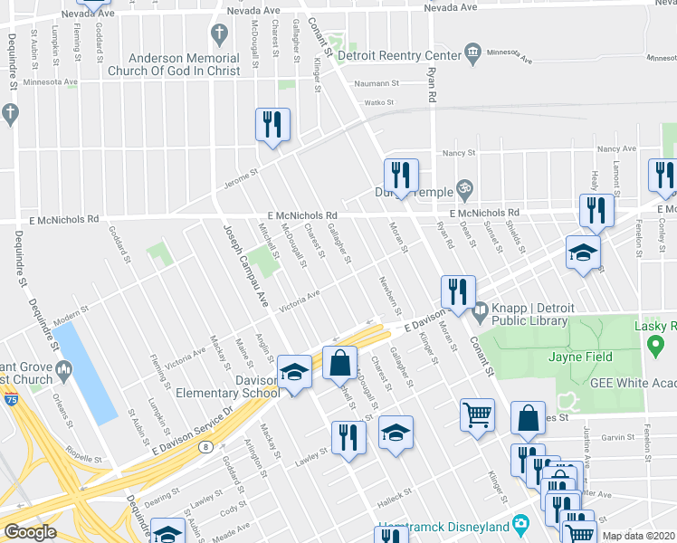 map of restaurants, bars, coffee shops, grocery stores, and more near 13820 Charest St in Detroit