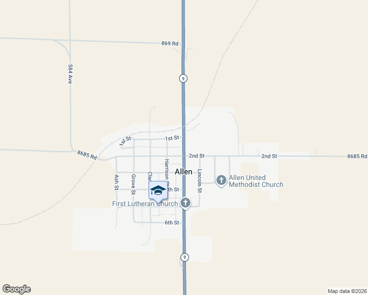 map of restaurants, bars, coffee shops, grocery stores, and more near 62 Nebraska 9 in Allen