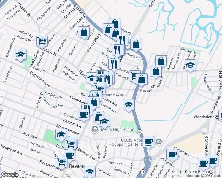map of restaurants, bars, coffee shops, grocery stores, and more near 47 Revere Street in Revere