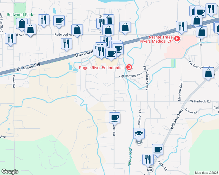 map of restaurants, bars, coffee shops, grocery stores, and more near 1880 Southwest Allen Creek Road in Grants Pass