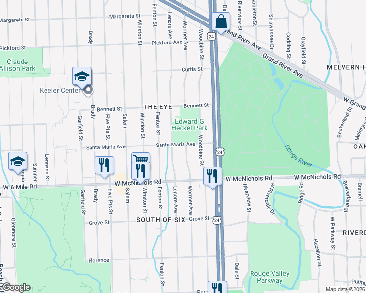 map of restaurants, bars, coffee shops, grocery stores, and more near 17253 Wormer in Detroit