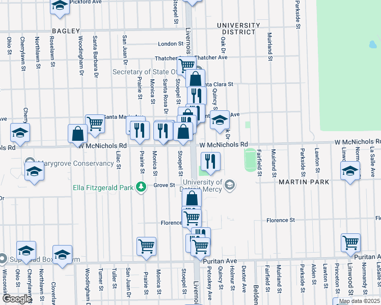 map of restaurants, bars, coffee shops, grocery stores, and more near in Detroit