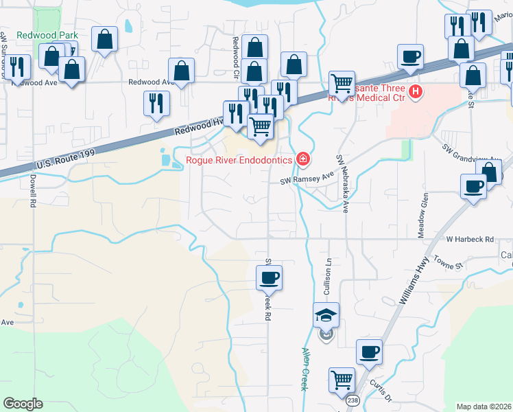 map of restaurants, bars, coffee shops, grocery stores, and more near 1880 Southwest Allen Creek Road in Grants Pass