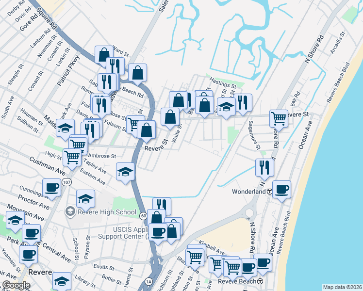 map of restaurants, bars, coffee shops, grocery stores, and more near 55 Shurtleff Street in Revere