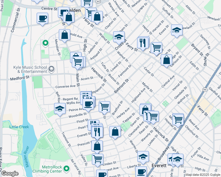map of restaurants, bars, coffee shops, grocery stores, and more near 85 Hancock Street in Malden