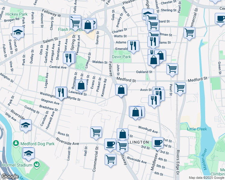 map of restaurants, bars, coffee shops, grocery stores, and more near 17a Amaranth Avenue in Medford