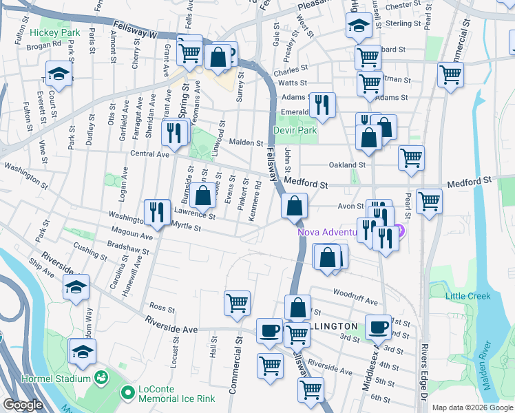 map of restaurants, bars, coffee shops, grocery stores, and more near 17a Amaranth Avenue in Medford