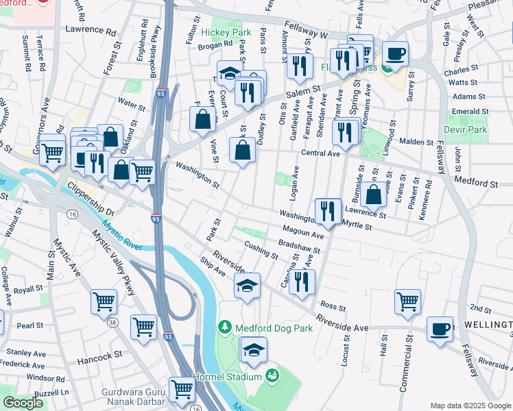 map of restaurants, bars, coffee shops, grocery stores, and more near 106 Washington Street in Medford