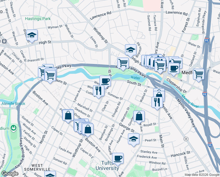 map of restaurants, bars, coffee shops, grocery stores, and more near 193 Winthrop Street in Medford