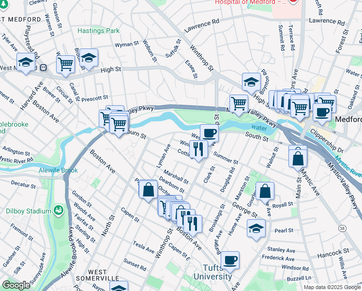map of restaurants, bars, coffee shops, grocery stores, and more near 43 Winter Street in Medford