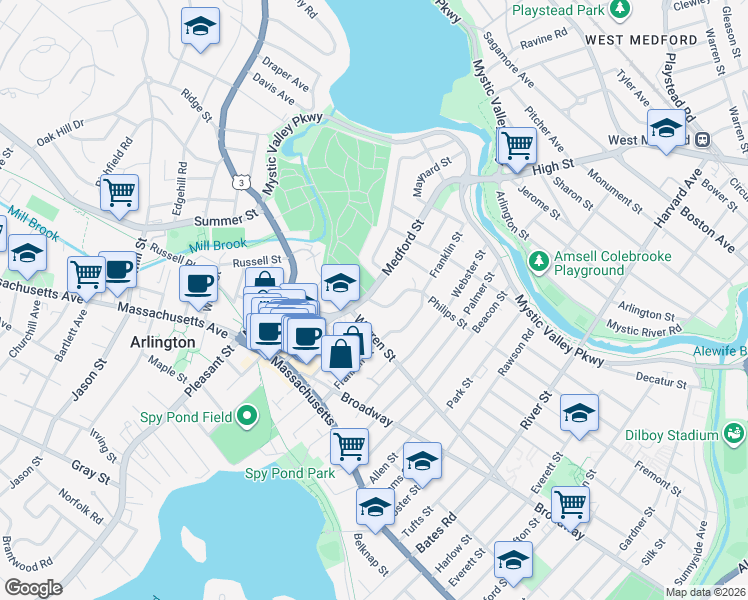 map of restaurants, bars, coffee shops, grocery stores, and more near 70 Medford Street in Arlington