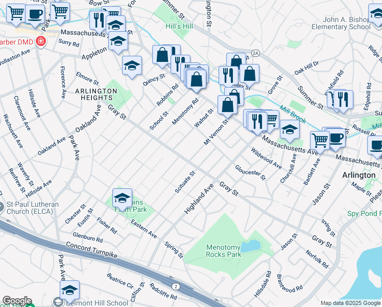 map of restaurants, bars, coffee shops, grocery stores, and more near 63 Mount Vernon Street in Arlington