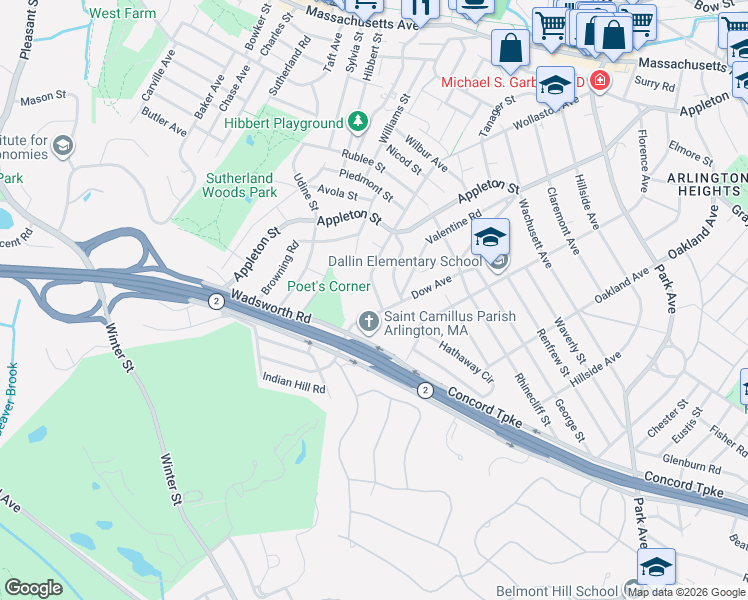 map of restaurants, bars, coffee shops, grocery stores, and more near 7 Campbell Road in Arlington