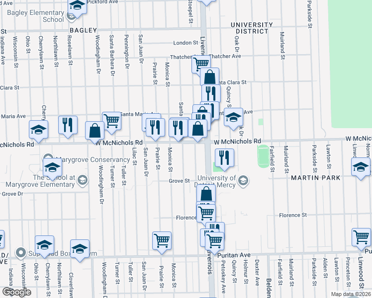 map of restaurants, bars, coffee shops, grocery stores, and more near 7021 West McNichols Road in Detroit