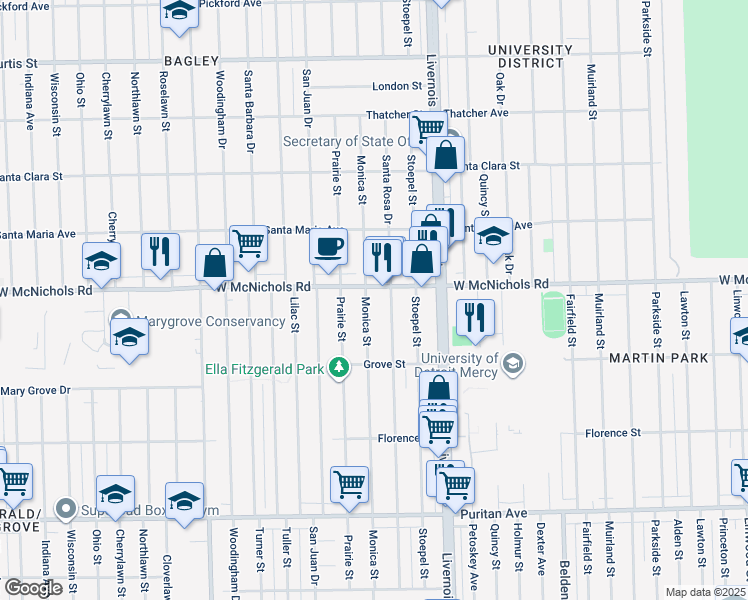 map of restaurants, bars, coffee shops, grocery stores, and more near 7121 West McNichols Road in Detroit