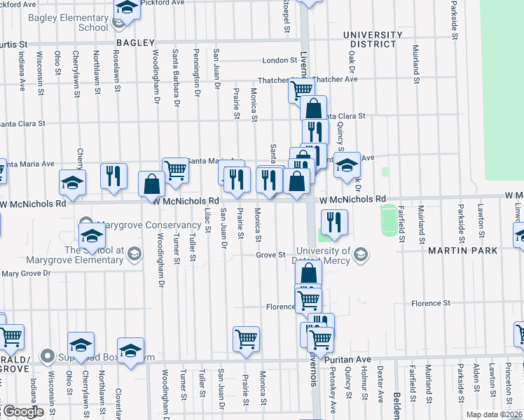 map of restaurants, bars, coffee shops, grocery stores, and more near 7121 West McNichols Road in Detroit
