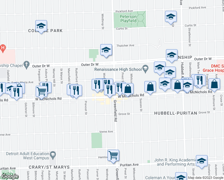 map of restaurants, bars, coffee shops, grocery stores, and more near 17160 Greenfield Road in Detroit