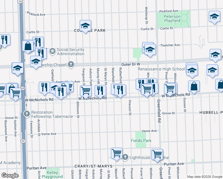 map of restaurants, bars, coffee shops, grocery stores, and more near 17168 Saint Marys Street in Detroit