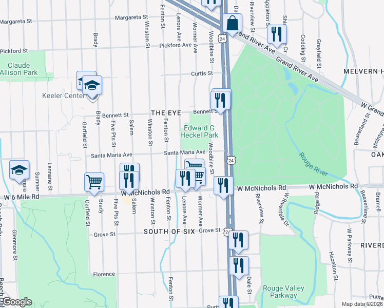 map of restaurants, bars, coffee shops, grocery stores, and more near 17253 Wormer in Detroit