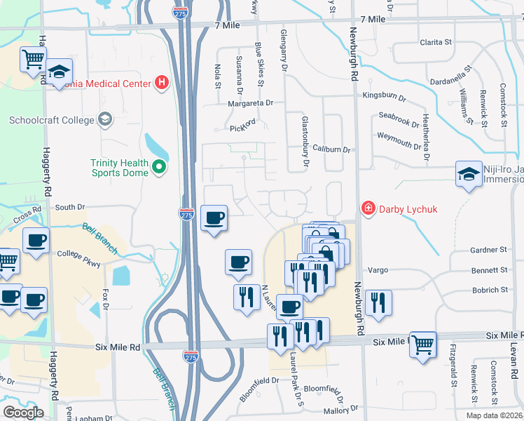 map of restaurants, bars, coffee shops, grocery stores, and more near in Livonia