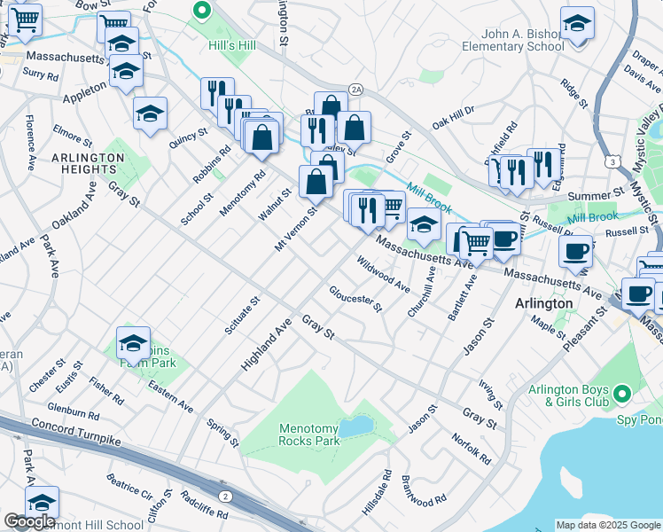 map of restaurants, bars, coffee shops, grocery stores, and more near 30 Moulton Road in Arlington