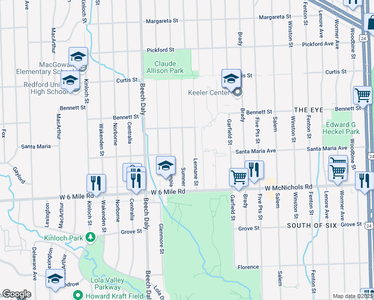 map of restaurants, bars, coffee shops, grocery stores, and more near 17331 Sumner in Redford Charter Township