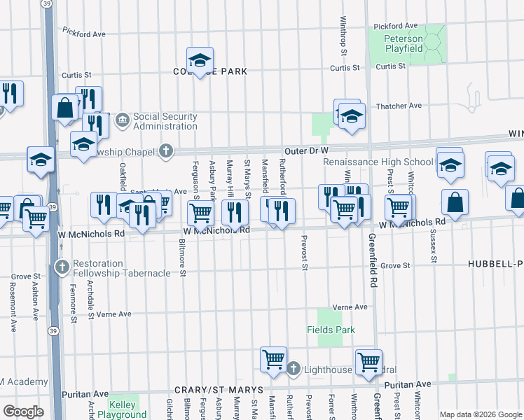 map of restaurants, bars, coffee shops, grocery stores, and more near 17168 Saint Marys Street in Detroit