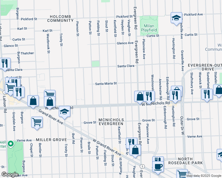 map of restaurants, bars, coffee shops, grocery stores, and more near 17210 Stout Street in Detroit