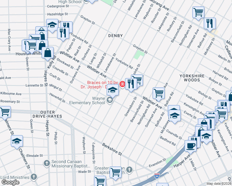 map of restaurants, bars, coffee shops, grocery stores, and more near 10653 Lakepointe Street in Detroit