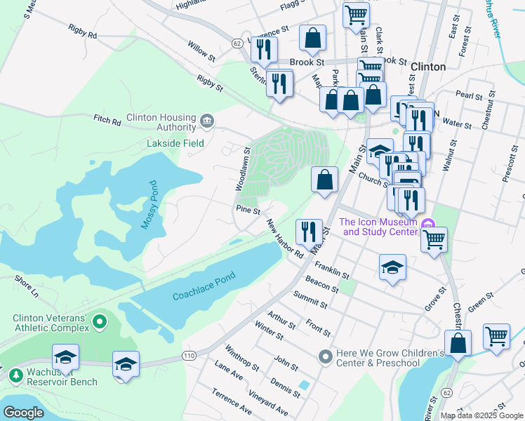 map of restaurants, bars, coffee shops, grocery stores, and more near 29 Pine Street in Clinton