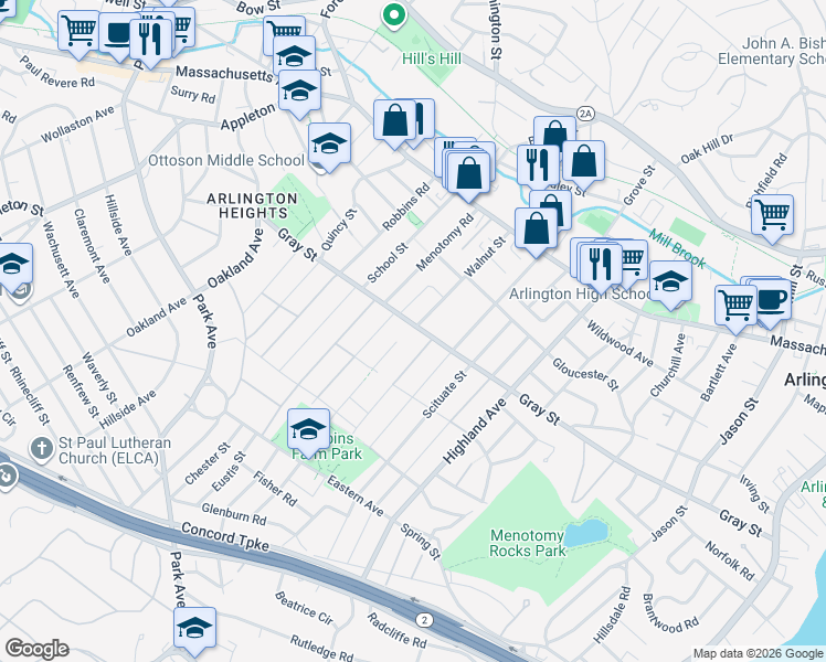 map of restaurants, bars, coffee shops, grocery stores, and more near 252 Gray Street in Arlington