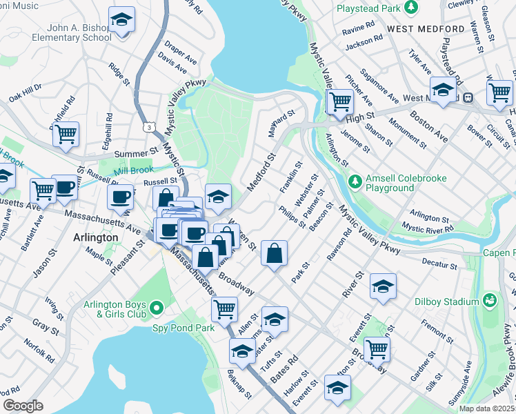 map of restaurants, bars, coffee shops, grocery stores, and more near 34 Lewis Avenue in Arlington