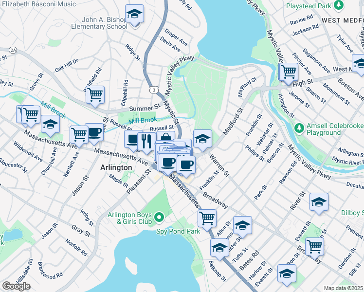 map of restaurants, bars, coffee shops, grocery stores, and more near 55 Massachusetts 60 in Arlington